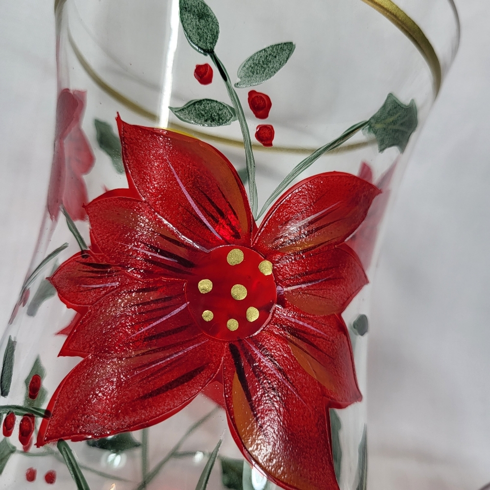 Celebrations Poinsettia Hurricane Candle Holder Glass 10" Christmas 2pc with Box - Picture 12 of 16